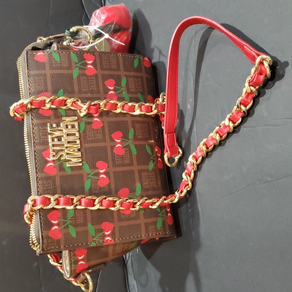 Steve Madden Handbags - Steve Madden brown plaid checkered cherry print bryder crossbody bag and charm